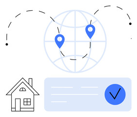 Blue location markers on a globe, a house icon, and a verification check mark. Ideal for real estate, global logistics, location services, home buying, international business, secure transactions