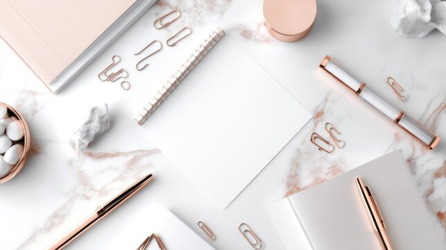 Rose Gold Minimalist Workspace Aesthetic: Elegant Office Supplies on Marble
