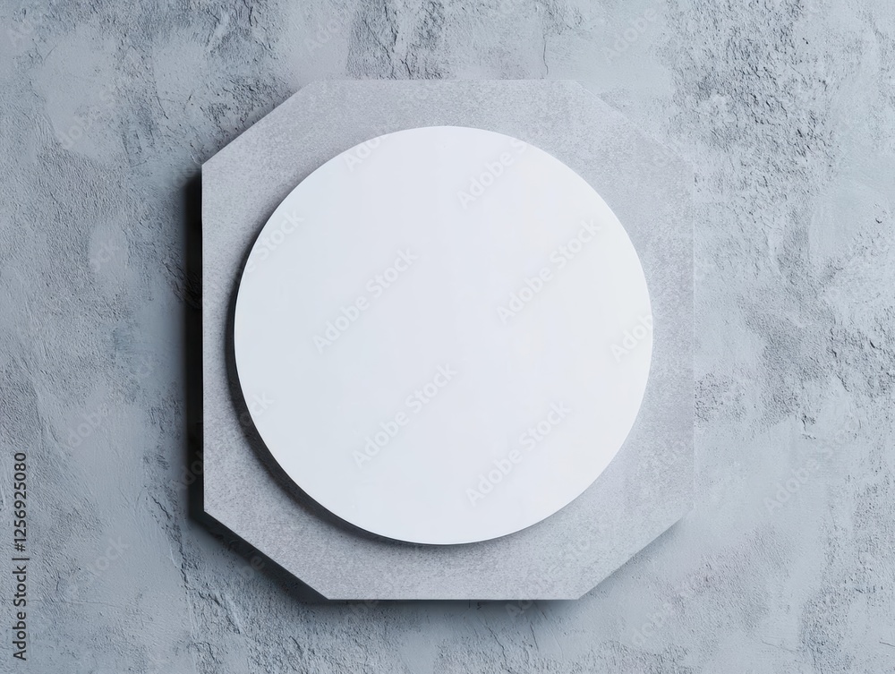 Poster white circular mirror hanging on a smooth gray wall in a modern interior design setting