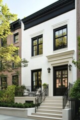 Fototapeta premium Elegant modern townhouse with a sleek facade and lush greenery in a tranquil urban neighborhood during early morning sunlight