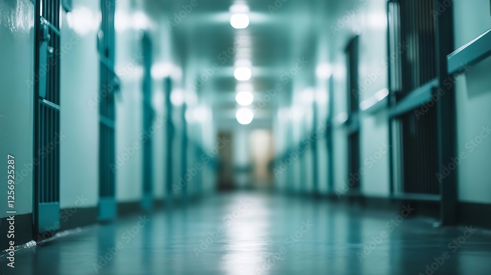 Poster empty jail corridor showcasing steel bars and soft lighting creating a haunting atmosphere : generat