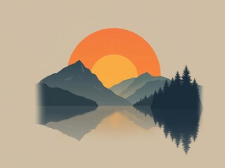 Fototapeta premium Abstract minimalist poster featuring a serene mountain lake at sunset, with a blend of warm colors creating a tranquil atmosphere, art, abstract, poster