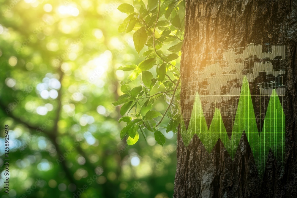 Aufkleber green forest data visualization on tree bark with chart overlay