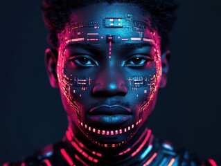 Afrofuturistic cyber warrior with holographic tribal armor, blending heritage and AI