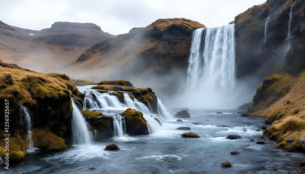 Poster waterfall cascading over rocks and forming stream with lush hills and mountains in the background fe