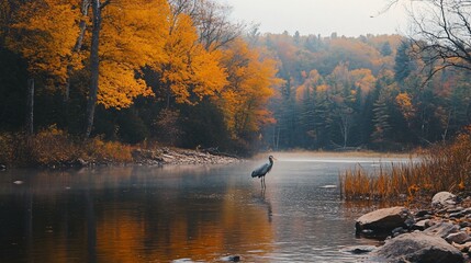 Serene Autumn River Scene with Great Blue Heron