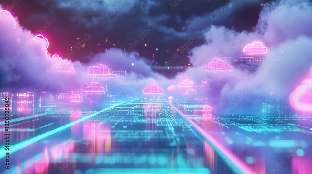 Poster a dynamic 3d digital web with colorful network hubs, illuminated links forming a futuristic represen
