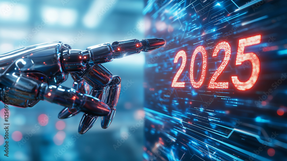 Poster robotic hand points at glowing text 2025 on digital screen, symbolizing futuristic technology and in