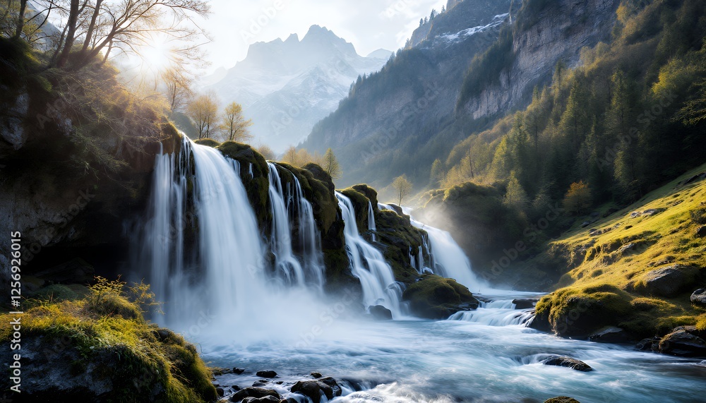 Poster waterfall landscape with a scenic view of a running waterfall located in the mountains light by brig