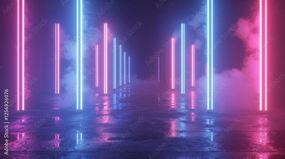 Poster a dynamic stage filled with intersecting red and blue lasers, their glow diffused by dramatic fog ef