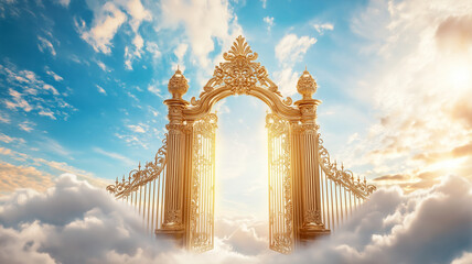 Fototapeta premium Golden gates open in heavenly sky, surrounded by soft clouds and radiant light, creating serene and ethereal atmosphere