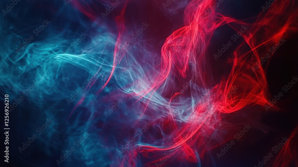 Poster a dynamic stage filled with intersecting red and blue lasers, their glow diffused by dramatic fog ef