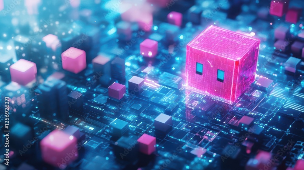 Aufkleber pink cube placed on top of a cityscape with buildings and structures underneath the clear sky