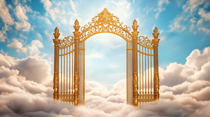 Golden gates in clouds under bright blue sky create serene and heavenly atmosphere. intricate design of gates adds touch of elegance to this ethereal scene
