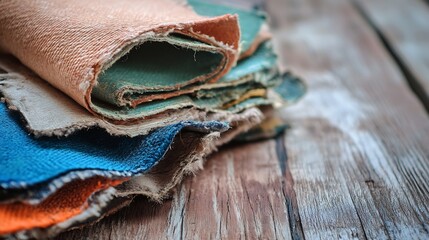 Folded rolls of vibrant colored fabrics displayed on a wooden table : Generative AI