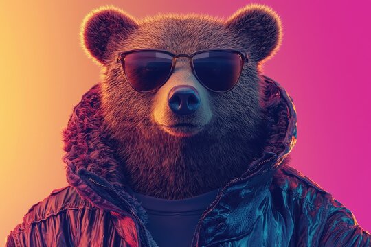 A stylish bear with sunglasses and jacket exudes confidence against a colorful backdrop.