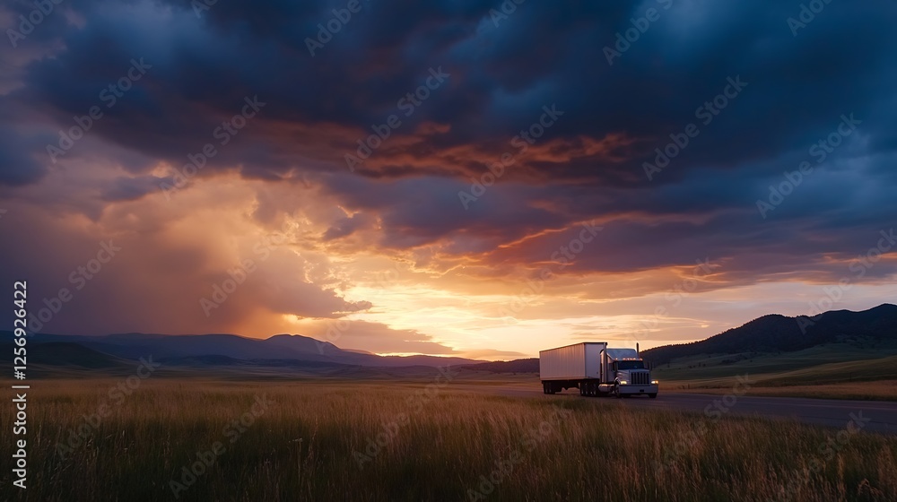 Poster rugged truck parked on an open road with dramatic clouds and a vibrant sunset in the background : ge