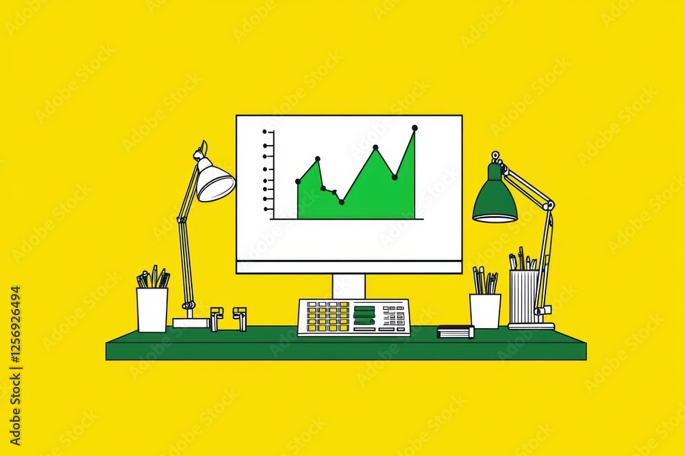 Poster modern workspace with monitor and green graph on yellow background