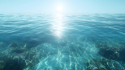 Fototapeta premium Sunlit Serenity: A captivating view of the ocean, where crystal-clear water ripples under a brilliant, sun-drenched sky. The warm light dances on the surface, creating mesmerizing patterns.