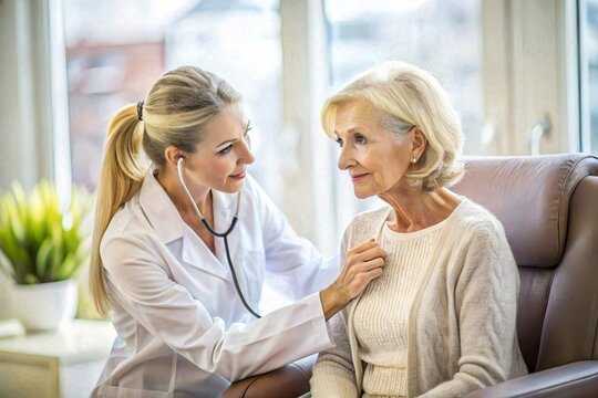 2 blonde women: an elderly well-groomed patient and a young doctor conducting a medical examination using a phonendoscope and a conversation; blur and bokeh effect in the background.
