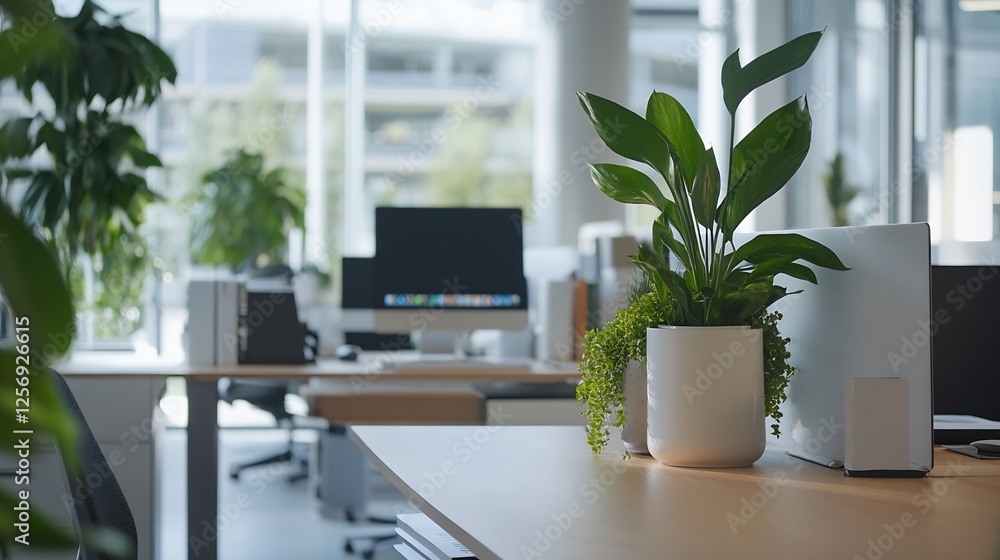 Poster Modern office workspace featuring stylish plants and sleek technology set in a bright and inviting environment : Generative AI
