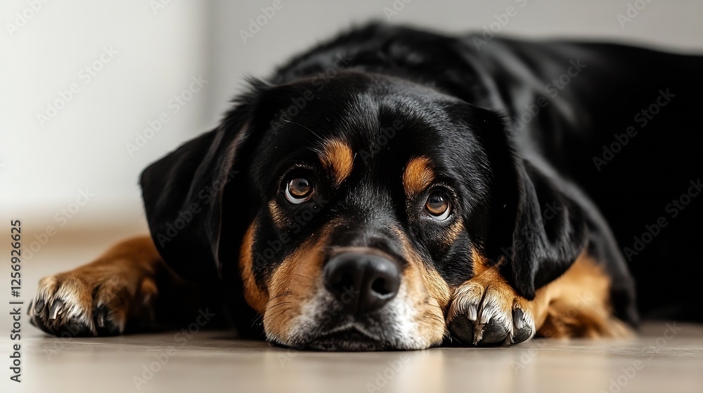 Poster adorable black and brown dog resting peacefully on hardwood floor indoors with a calm expression : g