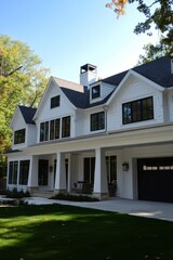 Elegant modern farmhouse showcases classic architectural features set in a lush green landscape surrounded by trees during daylight hours