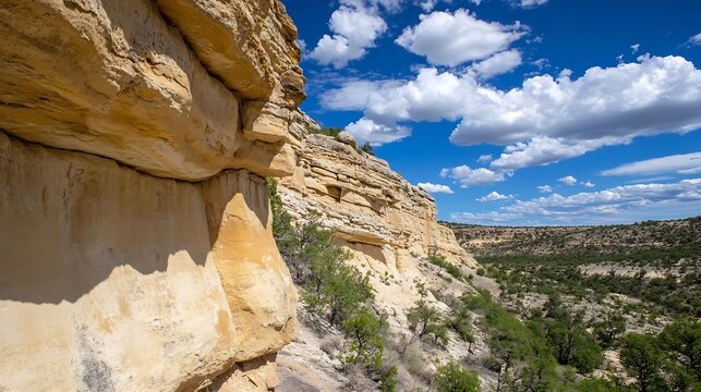Breathtaking canyon landscape showcasing rugged cliffs under a bright blue sky with fluffy clouds : Generative AI