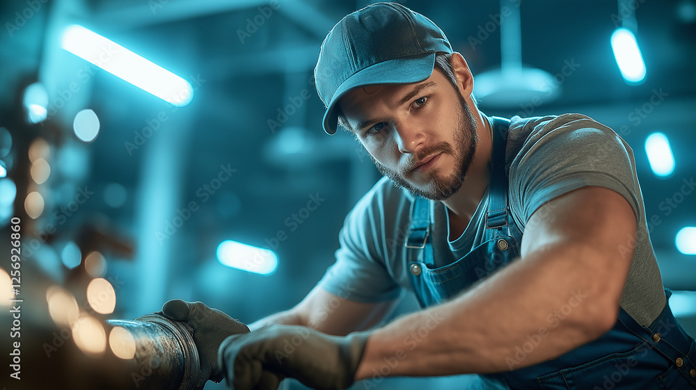 Poster skilled plumber in overalls and cap repairing pipe with wrench, showcasing focus and determination i