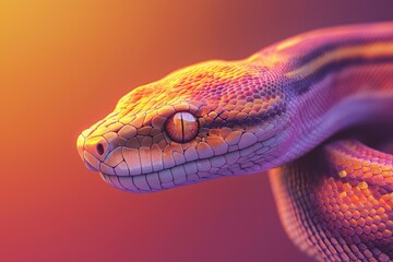 Fototapeta premium A stunning close-up captures the vivid scales of a snake, glowing with orange, pink, and purple hues.
