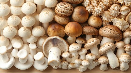 Assorted mushrooms displayed on a wooden surface, showcasing various types and textures