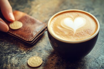 Fototapeta premium Warm Coffee with Heart Shape Latte Art and Leather Wallet Detail