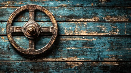 Rustic wheel on weathered blue wood; industrial background, perfect for textures and backgrounds