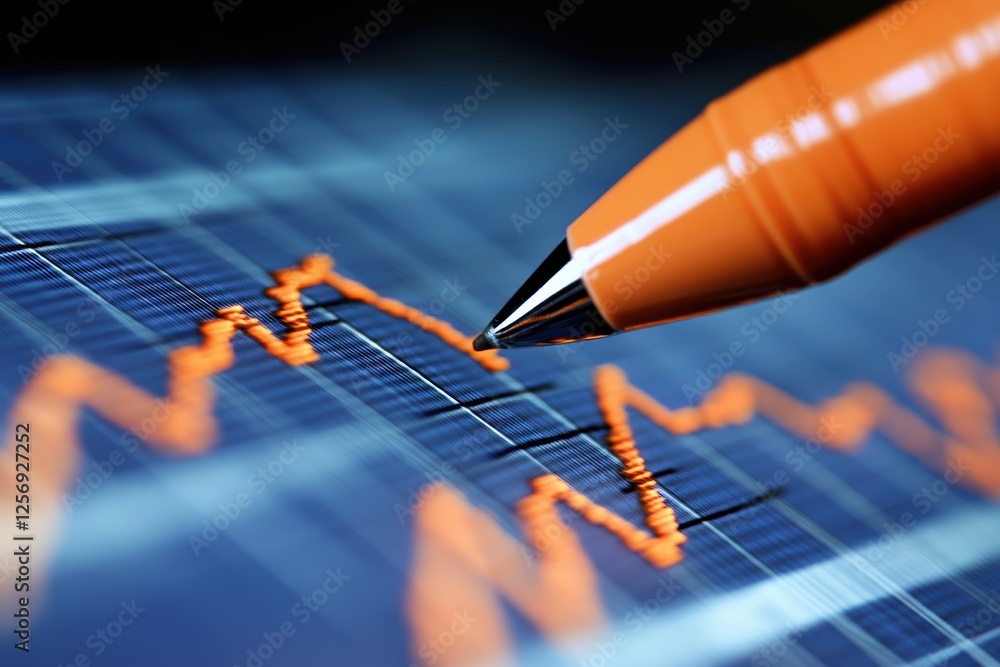 Poster close-up of pen on financial graph with orange line and grid background