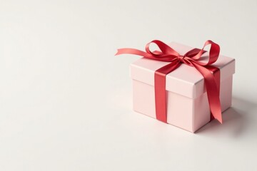 Fototapeta premium A delicately tied red ribbon adorns a pale pink gift box, resting on a pristine white surface, symbolizing a thoughtful present and an occasion of joy and celebration.
