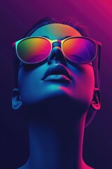 A woman gazes upward, sporting sunglasses that reflect a neon-lit, dreamlike world.