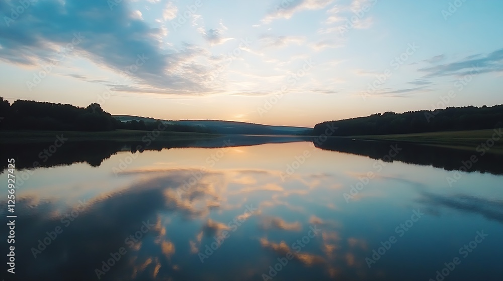 Poster Stunning reflection of a colorful sunset on a calm lake surrounded by trees : Generative AI