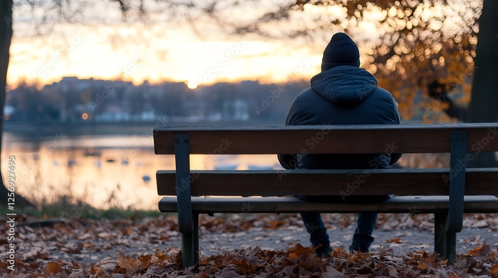 Poster a serene autumn scene featuring a lone figure sitting on a bench contemplating life with a picturesq