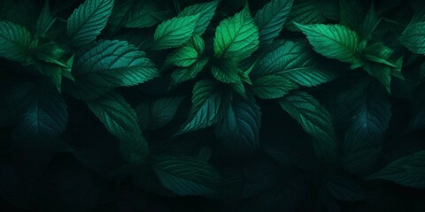 green aesthetic background with leaves in the dark 