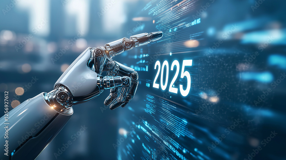 Poster futuristic robot hand points at year 2025, symbolizing advanced technology and innovation. digital b