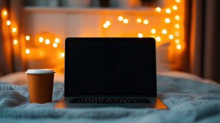 A cozy workspace featuring a laptop and a coffee cup, set against a backdrop of warm, glowing lights.