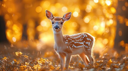 A young fawn stands gracefully in a sunlit forest, surrounded by vibrant autumn foliage