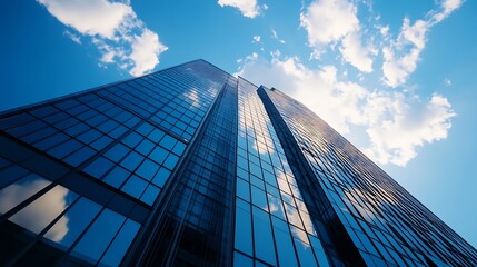 Modern skyscraper reflecting blue sky and fluffy clouds in a vibrant urban setting : Generative AI