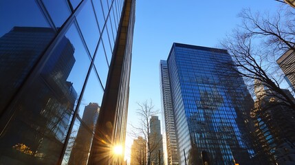 Fototapeta premium Modern city skyline reflecting the bright sunset creating a mesmerizing urban landscape : Generative AI