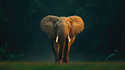 Majestic elephant walking through a misty forest at dawn, surrounded by lush greenery