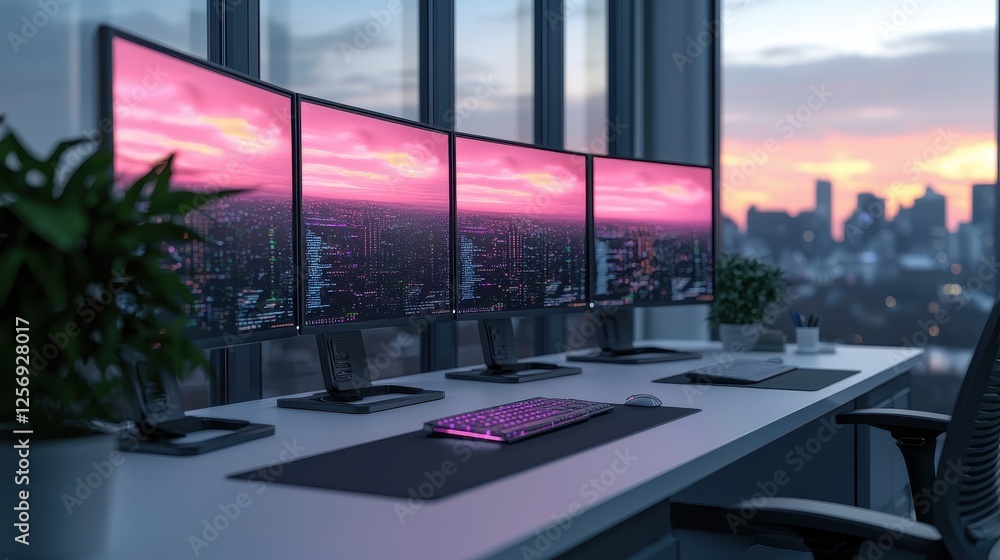 Poster a modern workspace featuring multiple monitors displaying a colorful sunset view over a city skyline