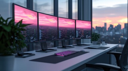 A modern workspace featuring multiple monitors displaying a colorful sunset view over a city skyline, complemented by indoor plants and a sleek desk setup.