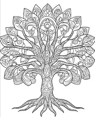 colouring page for kids magic mandala tree cartoon style thick lines use ONLY same size black strokes low detail no shading