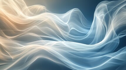 Abstract fluid motion with soft light waves in blue and orange tones, creating a serene atmosphere