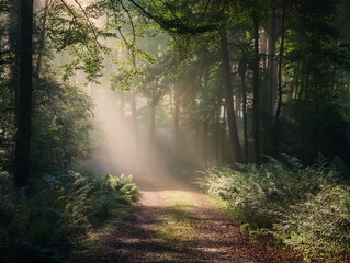 Obraz premium morning in the forest, view of a path between large trees in the middle of the forest